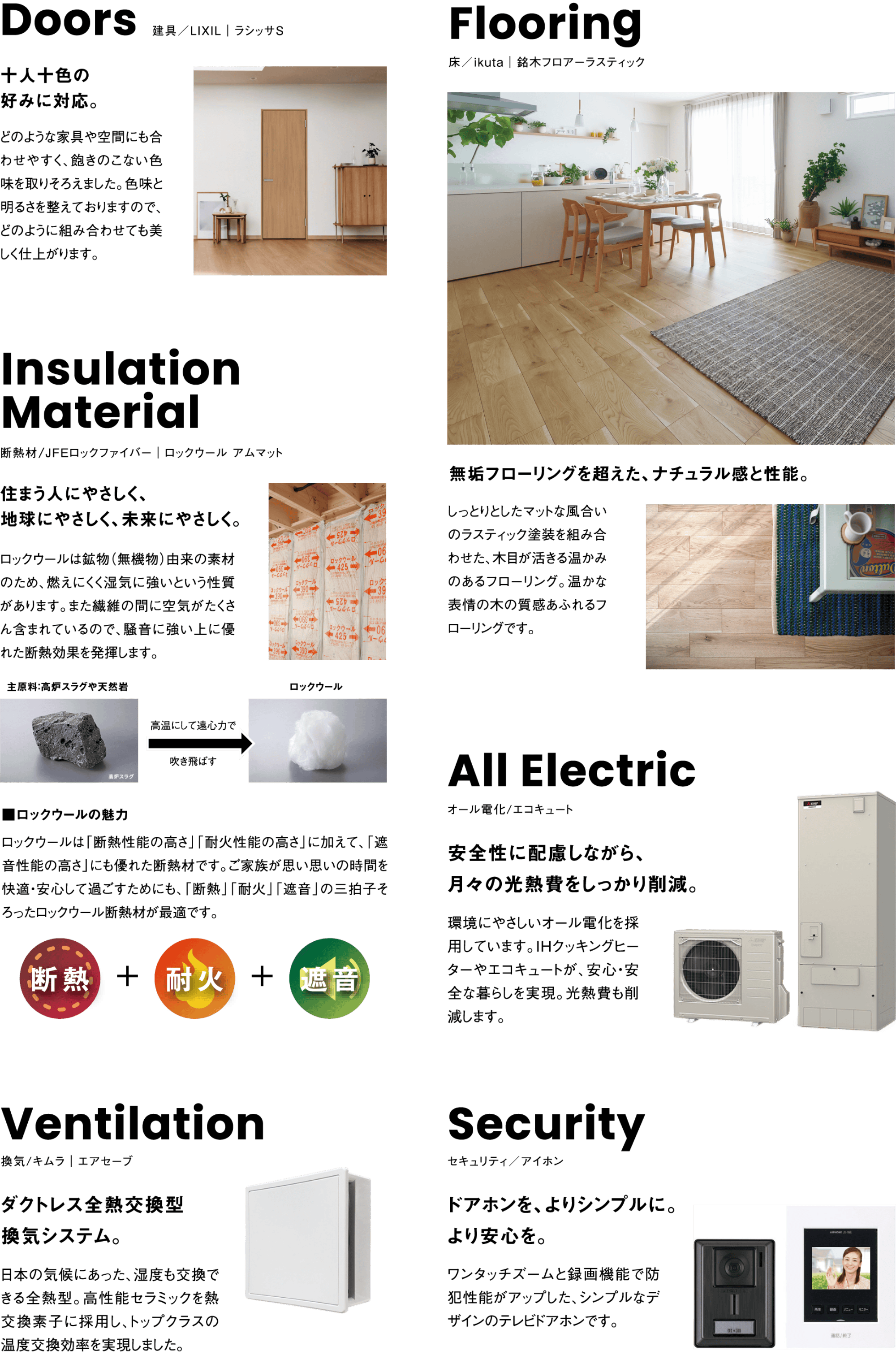 建具、床、断熱材、オール電化、換気、セキュリティ